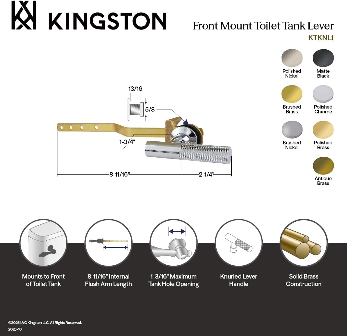 Kingston Brass KTKNL3 Convergent Front Mount Toilet Tank Lever with Knurled Handle, Antique Brass