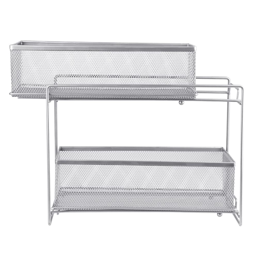 HUOLE Organiseur à 2 Niveaux avec paniers coulissants, Armoire de Cuisine Organisateur d'armoire, étagère de tiroir de Panier Amovible pour Rangement de Cuisine-Argenté