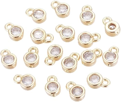 Pandahall - 100 dijes de circonita cúbica de latón de cristal, redondos, dorados, transparentes, colgantes de cuentas para mujer, joyería para hacer