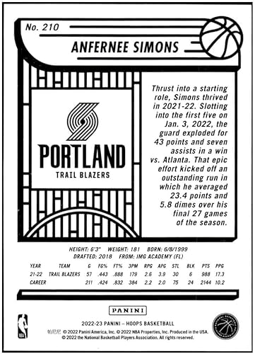 Miniatura 2 de Anfernee Simons 2022-23 Panini NBA Hoops 210 NM-MT NBA Basketball Blazers
