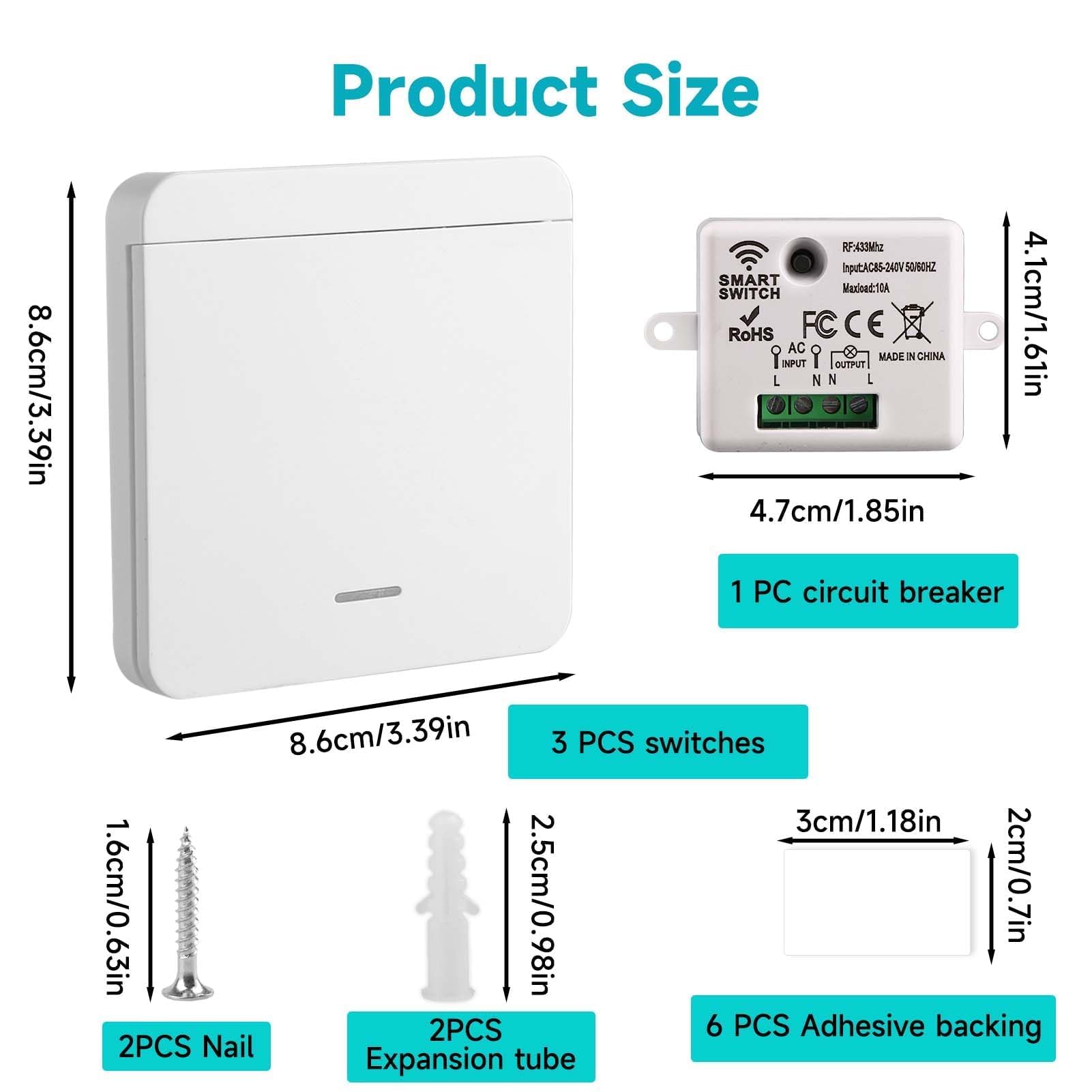 4 Piezas Interruptor Inalámbrico Kit, 433MHz Interruptor de Luz Pared Sin Cableado con Receptor 220V 10A, Mando a Distancia Alcance 30m, Control Remoto para Lámpara LED, Techo, Electrodomésticos