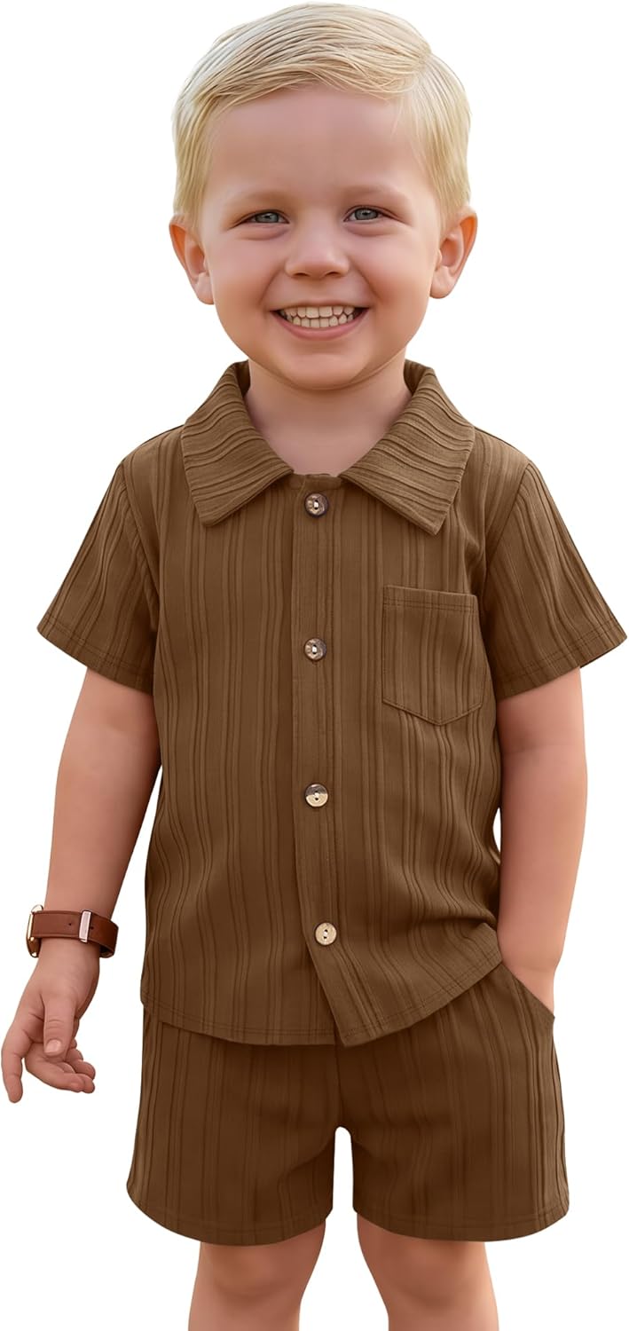 Toddler Baby Boy's Clothes Set Ribbed Button-down Cotton Shirt Tops and Shorts Summer Outfit 2 Pcs with Pockets