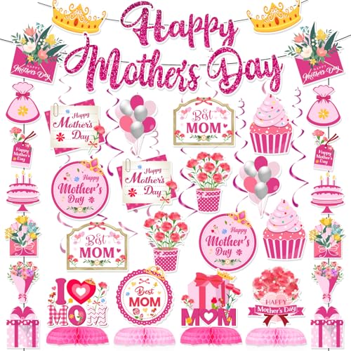 37Pcs Mothers Day Decorations includes Happy Mothers Day Banner Pink Mothers Day Hanging Swirls Honeycomb Centerpieces for Mothers Day Party Mom's Birthday Party Supplies