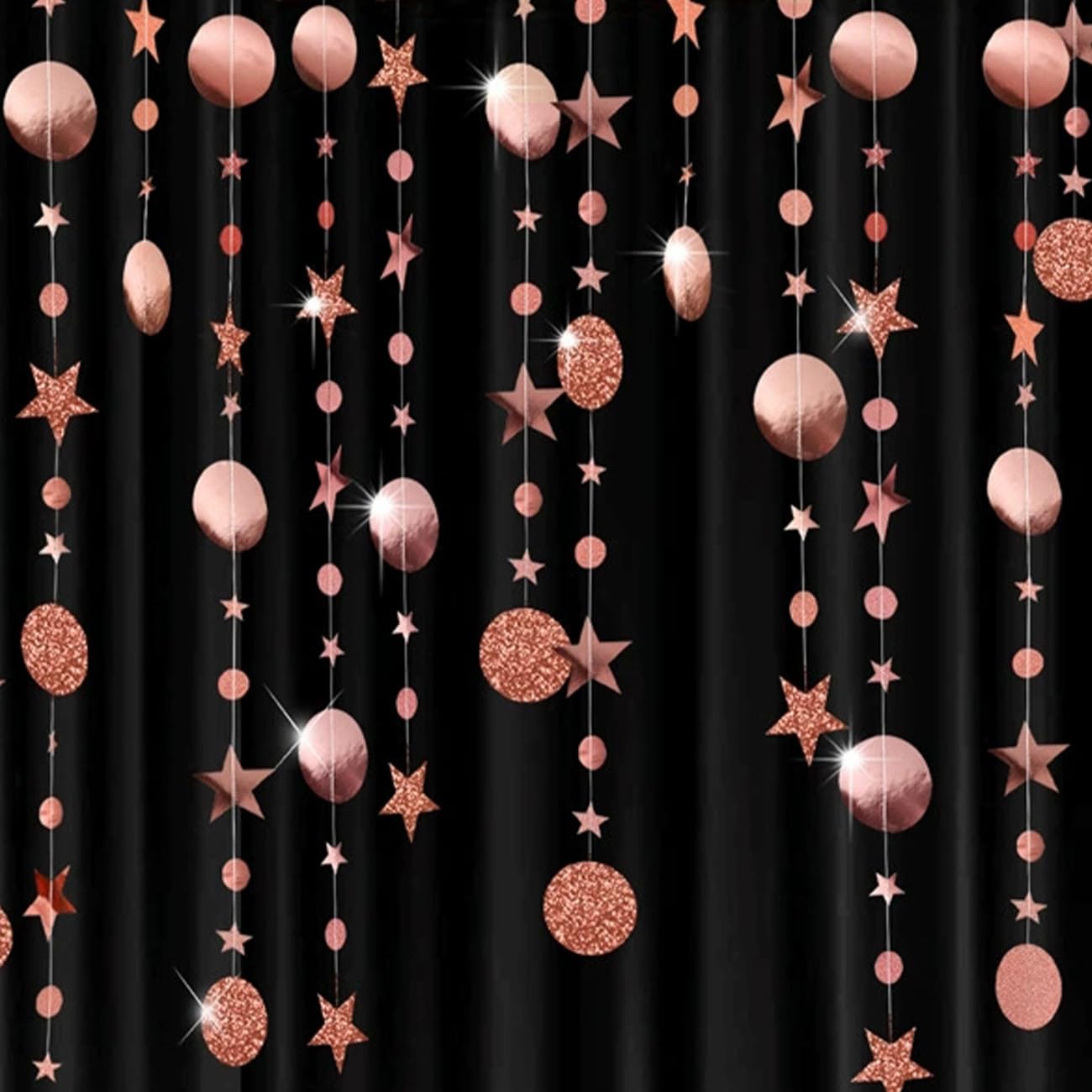 Rose Gold Hanging Paper Garland,Glitter Circle Star Paper Decoration for Party(52 Ft/4 Pack) - Image 4