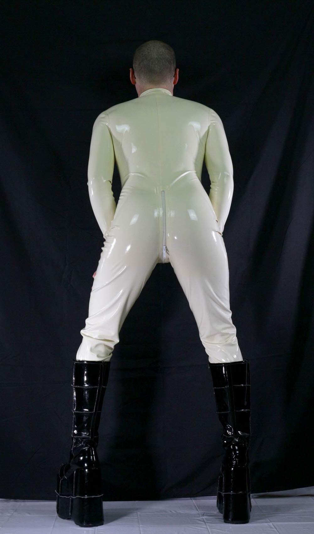Latex Rubber Front-Zip Catsuit, white, size M