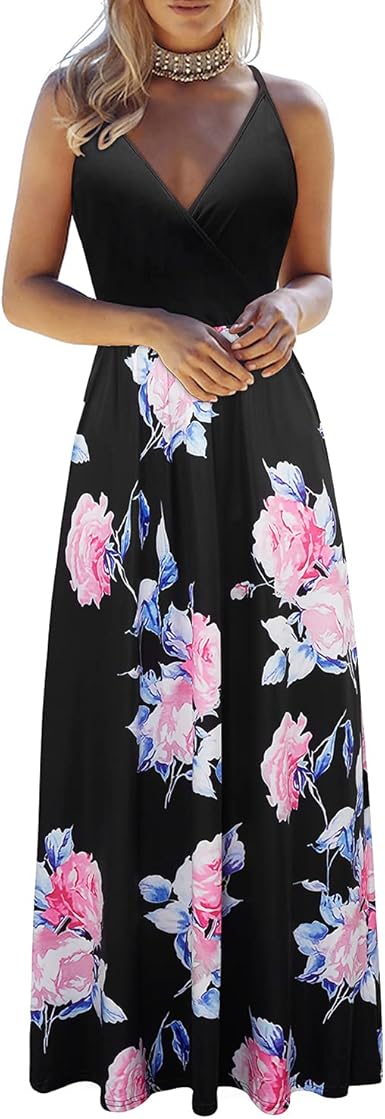 OUGES Womens Summer Deep V Neck Floral Adjustable Spaghetti Strap Beach Maxi Dress