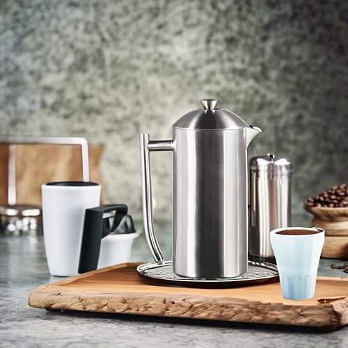 Miniatura 4 de Frieling USA cafetera francesa de acero inoxidable con paredes dobles con rejilla doble patentada pulida de 36 onzas Cepillado libre de frustración