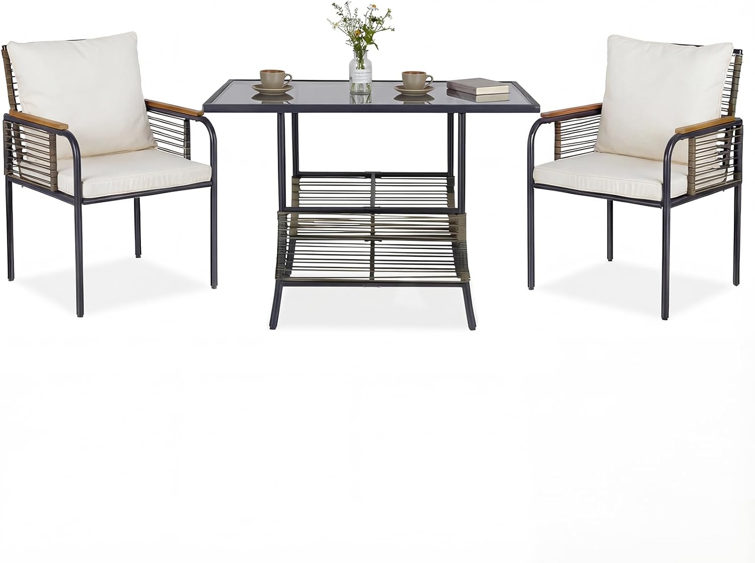 COSTWAY Conjunto de Muebles de Jardín, 3 Piezas de Ratán para Exterior Que Ahorra Espacio con Cojines, Mesa Rectangular de Vidrio y Sillas de Ratán para Balcón, Jardín y Patio (Beige)