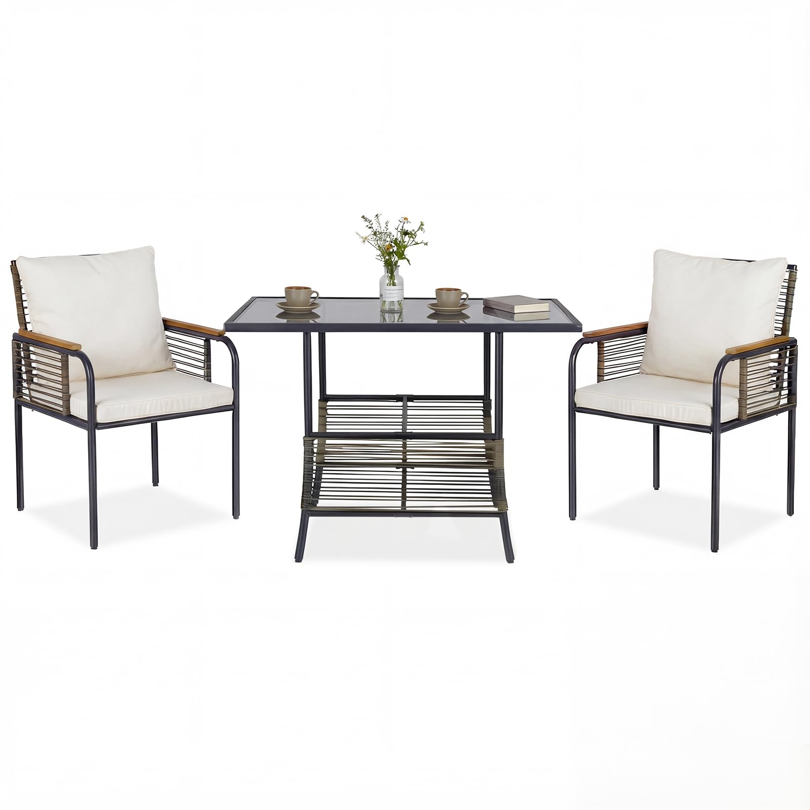 COSTWAY Set Salottino da Giardino in Vimini, Set di Mobili da 3 Pezzi per Esterno Salvaspazio con Cuscini, Tavolo Rettangolare e Sedie in Rattan per Balcone, Veranda, Giardino e Cortile (Beige)