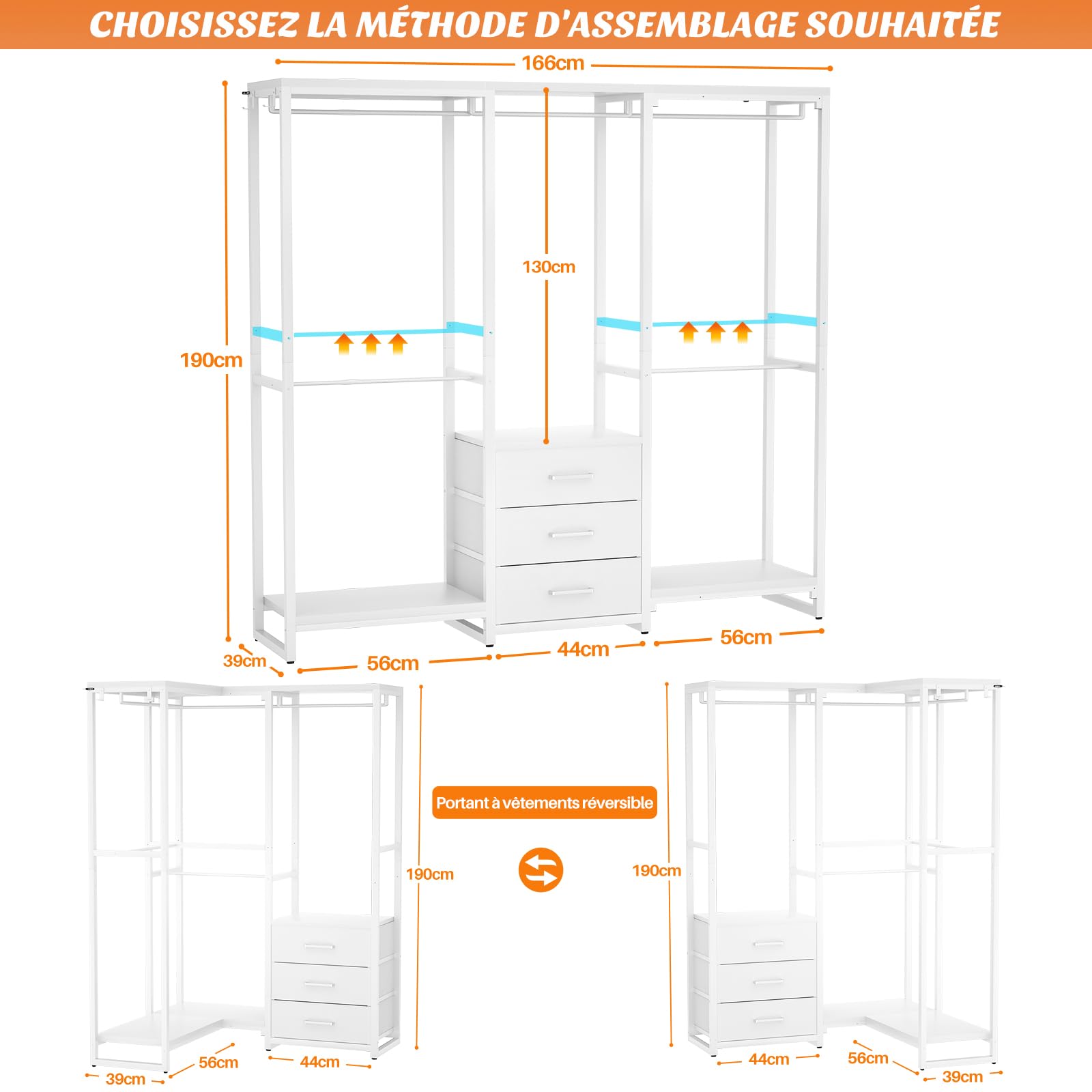 iSunirm penderie Armoire de Chambre autoportante avec tiroirs, Porte-vêtements Robuste pour Suspendre Les vêtements，165×40×190CM,Chêne Blanc