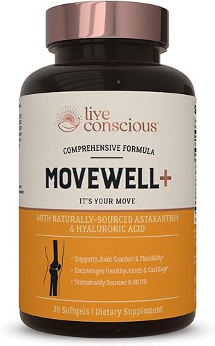 Live Conscious Suplemento para la salud articular - MoveWell Plus Aceite de krill antártico, astaxantina natural y ácido hialurónico | Supera a la