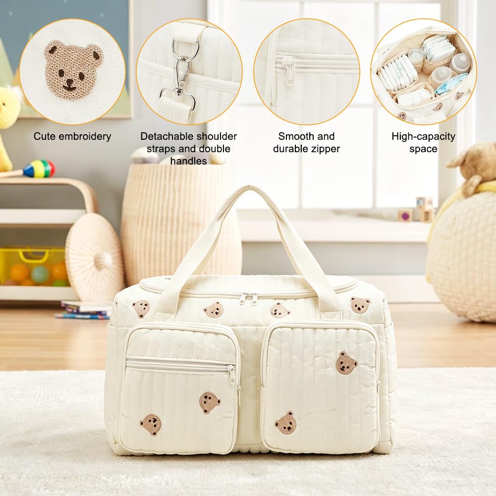 Borsa fasciatoio versatile per mamme, bambino e maternità, borsa fasciatoio, passeggino per mamme, cerniera con ricamo, orso, stampato, per nascita in ospedale, viaggi, passeggino