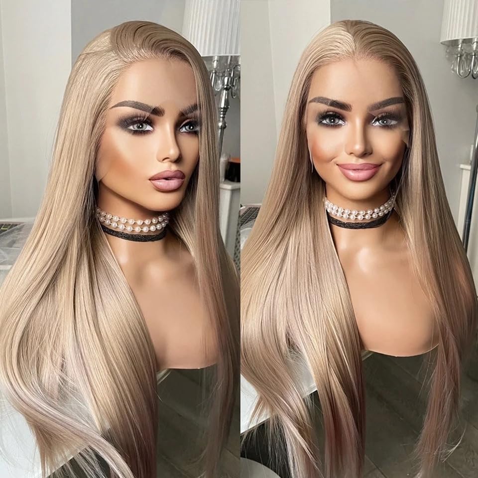 Long Straight Blonde #103 Hair Synthetic Lace Front Wigs for Women Straight Free Part Glueless Lace Wigs Blonde Heat Resistant Fiber Natural Hairline Wig Cosplay Daily Party Wigs