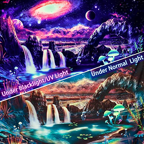 Image of Blacklight Galaxy Tapestry UV Reactive Waterfall Planet Landscape Tapestry Mountain Wave Wall Tapestries Neon Nebula Plants Wall Hanging for Room