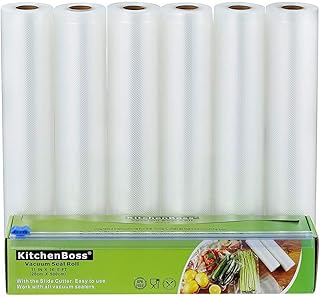 KitchenBoss Sac sous Vide Alimentaire,6 Rouleau 28cmx5M,Total 30 M,Rouleaux de Mise sous Vide avec 1 Boîte de Coupe(Pas Plus de Ciseaux) sans BPA,pour Machine sous Vide
