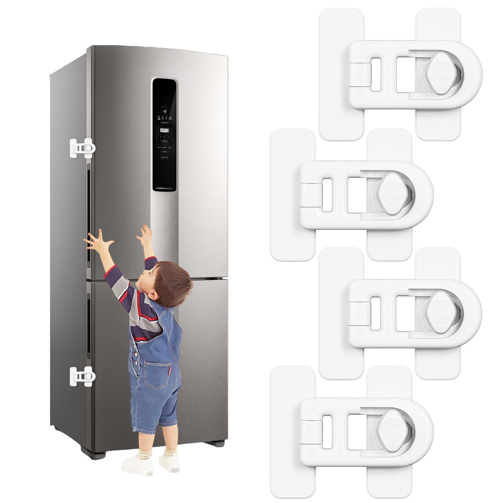 4 Piezas Cerradura para Puerta de Frigorífico Cierre Seguridad Cajones Bebe Candado Nevera Autoadhesiva,Candado Frigorifico de Bebés Niños para Armario Cajón Arandela(Blanco)