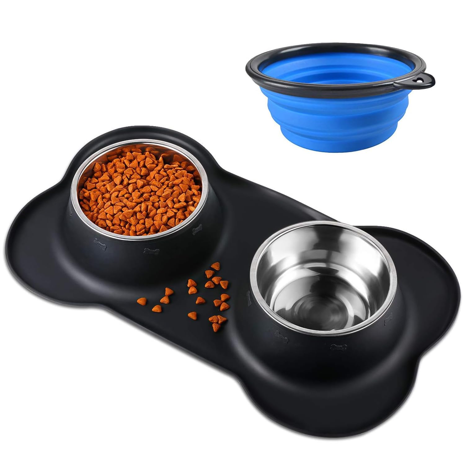 Bonve Pet Double Dog Food Bowls Stainless Steel & Water Dish with No-Spill and Non-Slip Silicone Mat, Removable Puppy Feeder Bowls for Small Medium Size Cat Dogs Kitten,14oz