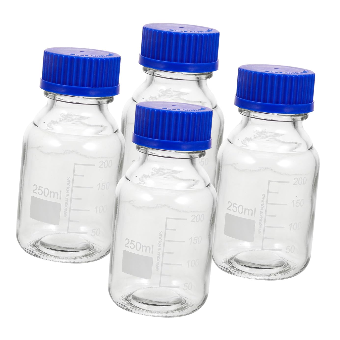 Set di 4 Bottiglie Reagenti in Vetro da 250ml con Tappo a Vite Blu, Resistenti e Riutilizzabili per Laboratori Chimici e Istituti Scientifici