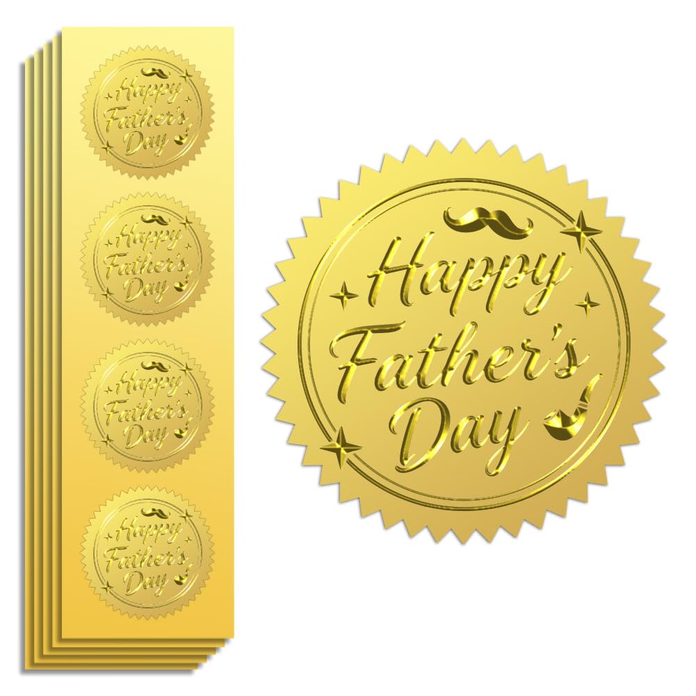 Peacoblue Gold Foil Sticker Seal Embossed 2 Inch 100Pcs Happy Father's Day Text for Gift Present Card Decor, Envelop Seals, Family Party Invitation, Gold Around Embossing Stickers