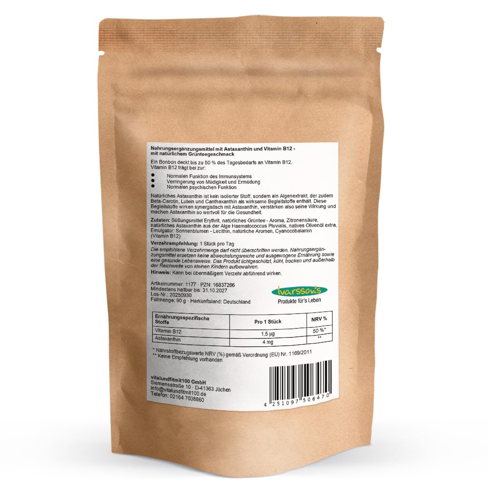 vitalundfitmit100 Astaxanthin Bonbons 90 Stk. – Vegan – Mit Vitamin B12 – Grünteegeschmack