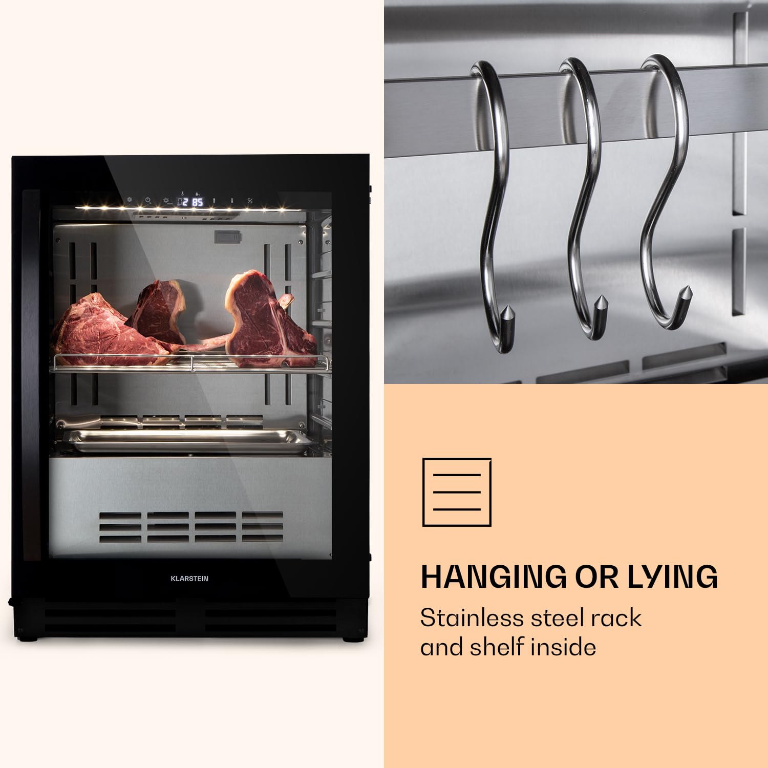 Klarstein Kühlschrank, Reifeschrank Dry-Aged, 1 Zonen Kühlschrank mit Glastür, für In- und Outdoor mit LED-Beleuchtung, Freistehend oder Einbaukühlschrank, Temperaturbereich 1-25 °C, 98 L