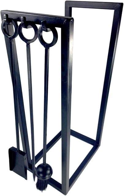 Modern Contemporary Black Fireplace Log Holder Fireside Log Store With Four Tools