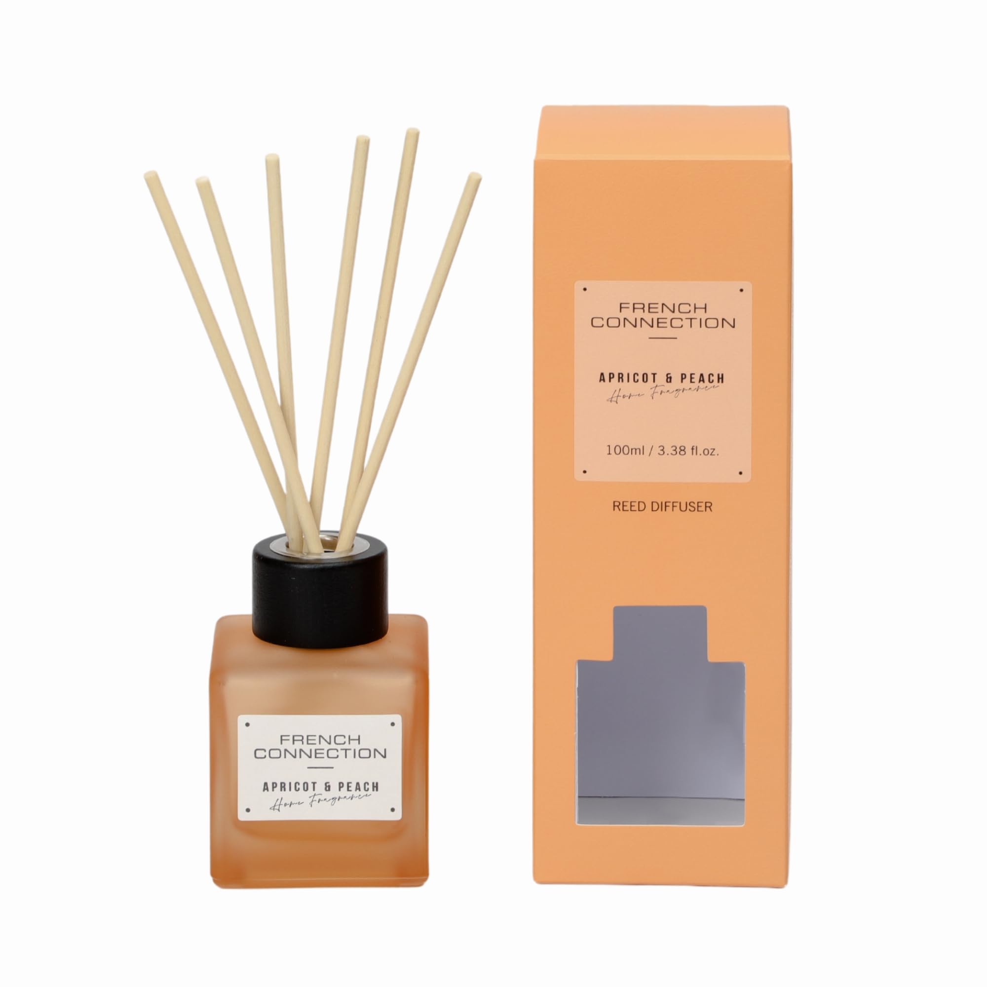 French Connection Square Range Scented Reed Diffuser | Luxury Home Fragrance with 6 Reeds | Long-Lasting Scent (100ML, Apricot & Peach)