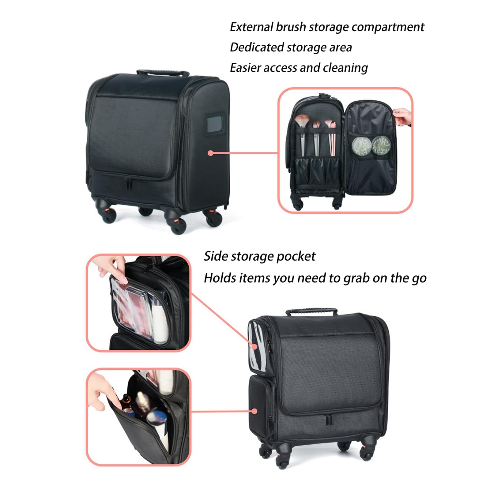 Trolley Porta Trucchi In Tessuto Oxford, Parrucchiere Bellezza Compongono Trolley Cosmetici Organizzatore,Trolley Professionale Con 4 Ruote, Nero