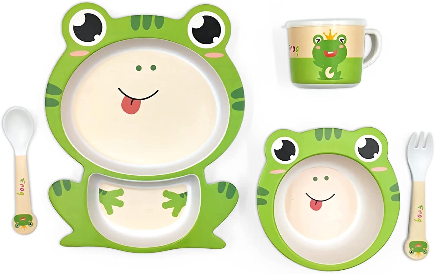 ROAYLDEALS - RD Bamboo Kid Divided Plates and Bowls Sets, 5Pcs Toddler Plates and Utensils Set Kids Dinnerware Set Children Bowl Cup Fork Spoon Plate Dishwasher Safe (Frog)-image-22