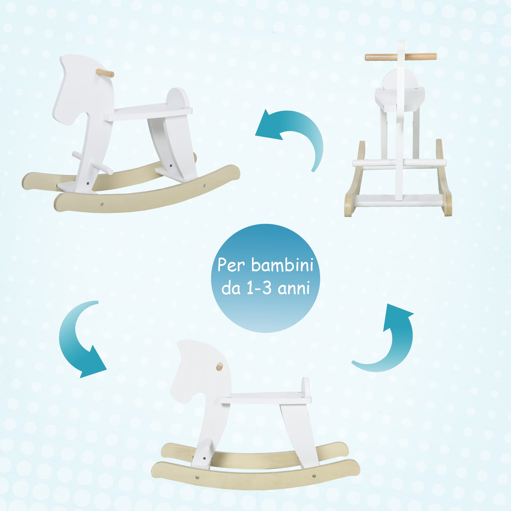 HOMCOM Cavallo a Dondolo per Bambini 1-3 Anni, Design Classico in Legno con Maniglie e Poggiapiedi, 68x26.5x48cm, Bianco