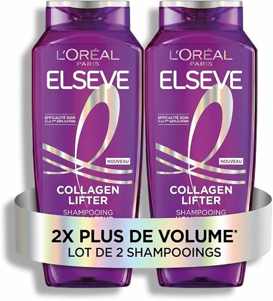 L'Oréal Paris - Shampooing Volumateur - Cheveux Fins & Plats - 2x Plus de Volume 72H - Enrichi en Peptides de Collagène - Sans Silicones - Elseve Collagen Lifter - 2 x 250 ml - 1