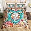 Farm Cow Skull Duvet Cover Set Retro Pink Daisy Yellow Poppy Bedding Set for Kids Teens Adults Watercolor Teal Blue Stripes Boho Exotic Comforter Cover with 2 Pillowcases(No Comforter)Queen Size 3 Pcs #2