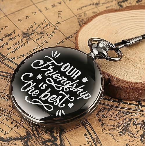 Image of Vintage Gandhi Style Pocket Watch with Engraved Designs & Messages Royal Black Analog for Men Women & Kids Includes Key Ring for car or Bike Keys Ideal Gift