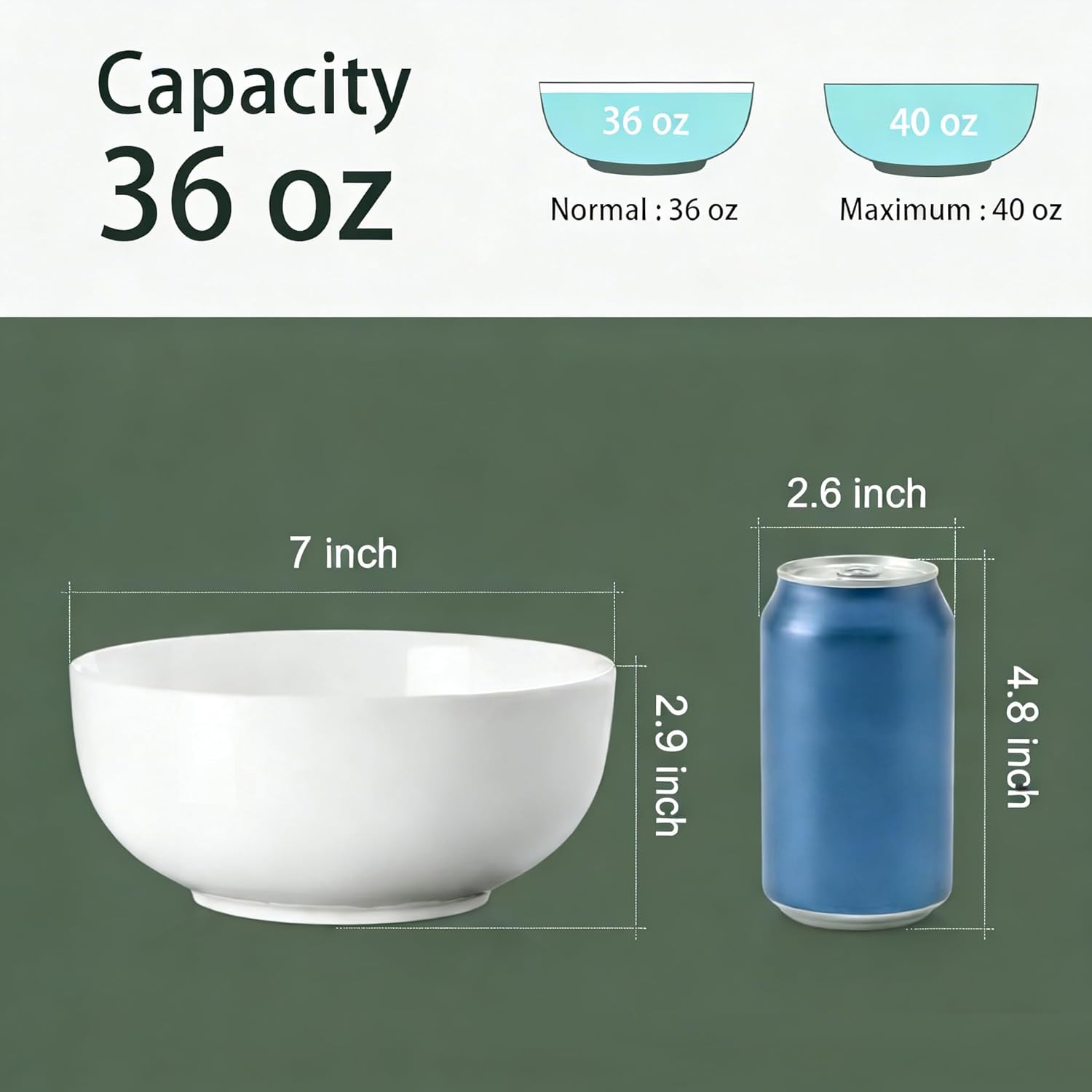 40 oz Large Soup, Ramen, Pho, Noodle, and Salad Bowl Set of 4, 7 in White Ceramic Bowls, Versatile & Microwave Safe