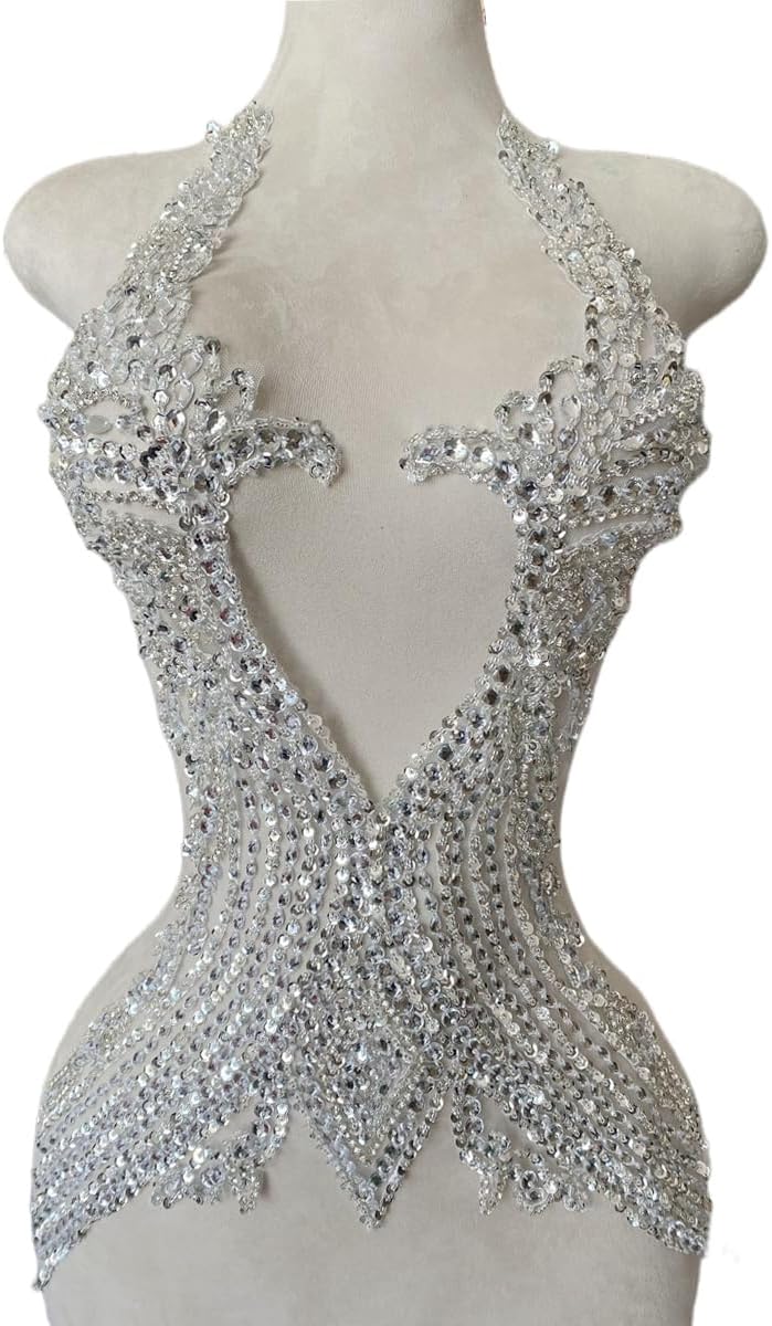 Handmade Silver Glass Rhinestones Bodice lace Applique Hand Sewing Beaded Sequins Trim Patches for Dress Clothes Skirts Multiple Design Styles Accessories (M)