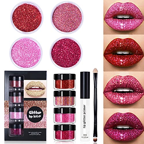 NewBang 4 Colors Glitter Lip Kit,Metallic Shimmer Diamond Glitter Powder for Lip Gloss Making,Waterproof,Smudgeproof&Longlasting Lip Glitter Powder with Lip Primer and Brush Art Cosmetic Glitter