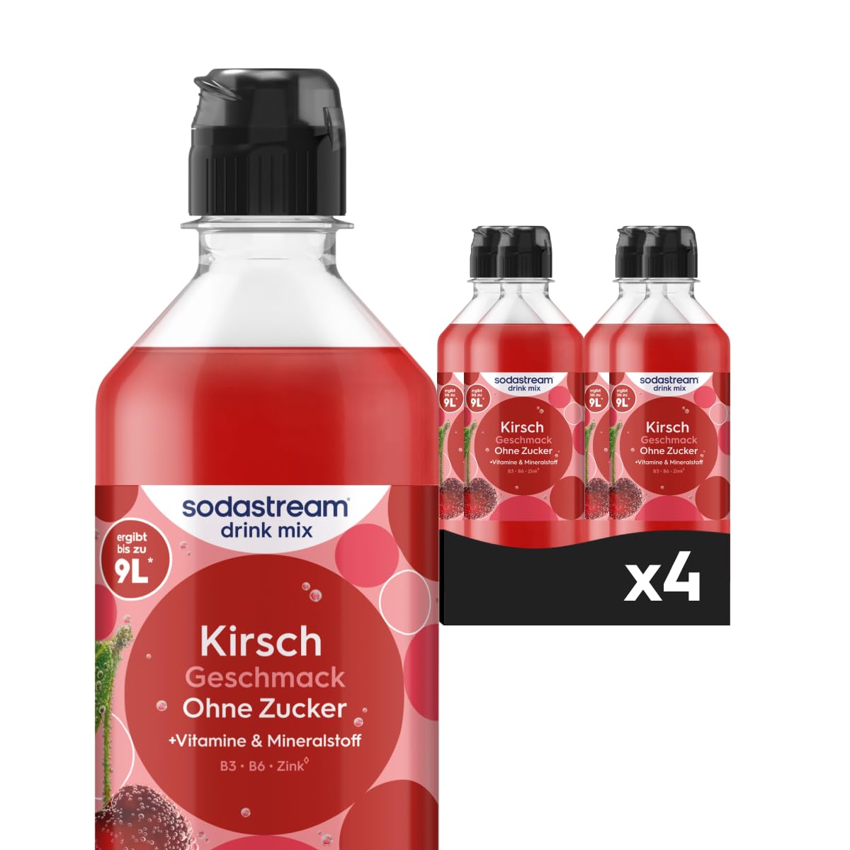 Sodastream drink mix Kirsche ohne Zucker – zuckerfreier Sirup für gesprudeltes & stilles Wasser, 4er Pack (4 x 440 ml), mit Vitamine & Mineralstoff, ergibt bis zu 9L Fertiggetränk