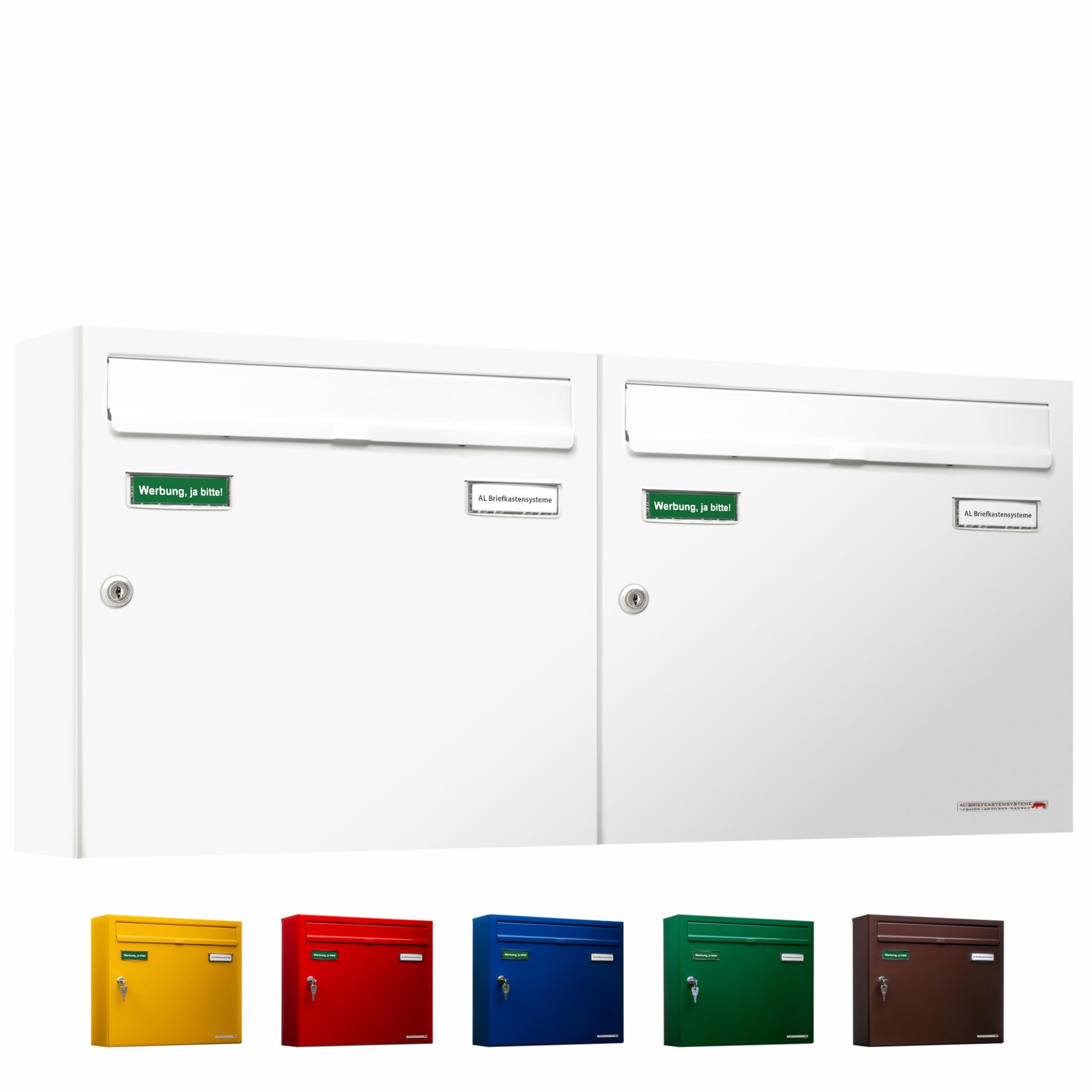 AL Briefkastensysteme Basic 2er Briefkasten RAL 9016 Verkehrs Weiss 2 Fach DIN A4 wetterfest Briefkastenanlage mit Posthaltebügel und 2 Namensschildern