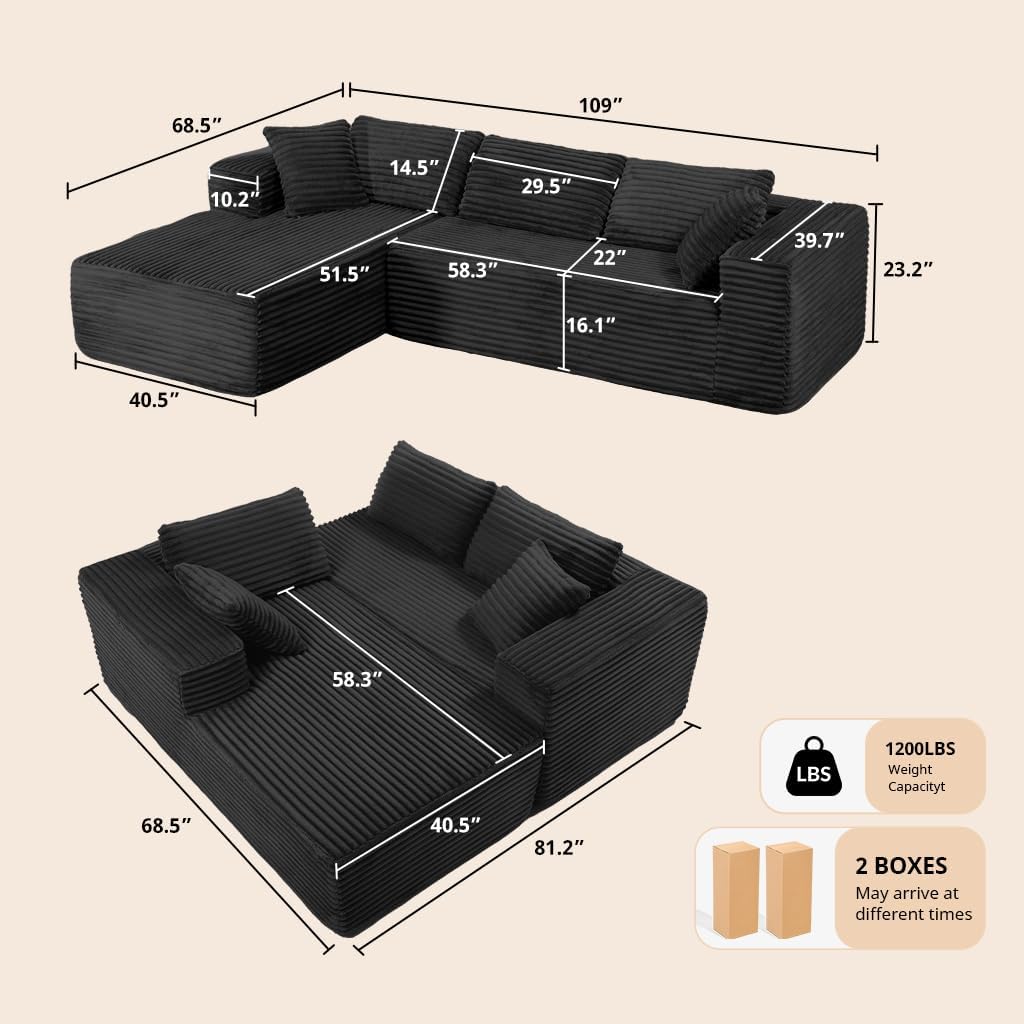 COMHOMA 105”Modular Sectional Sofa with Deep Seat,Cloud Upholstered L-Shape Couch Wide Arms Corduroy Fabric High-Density Foam Chaise Lounge for Living Room No Assembly Required