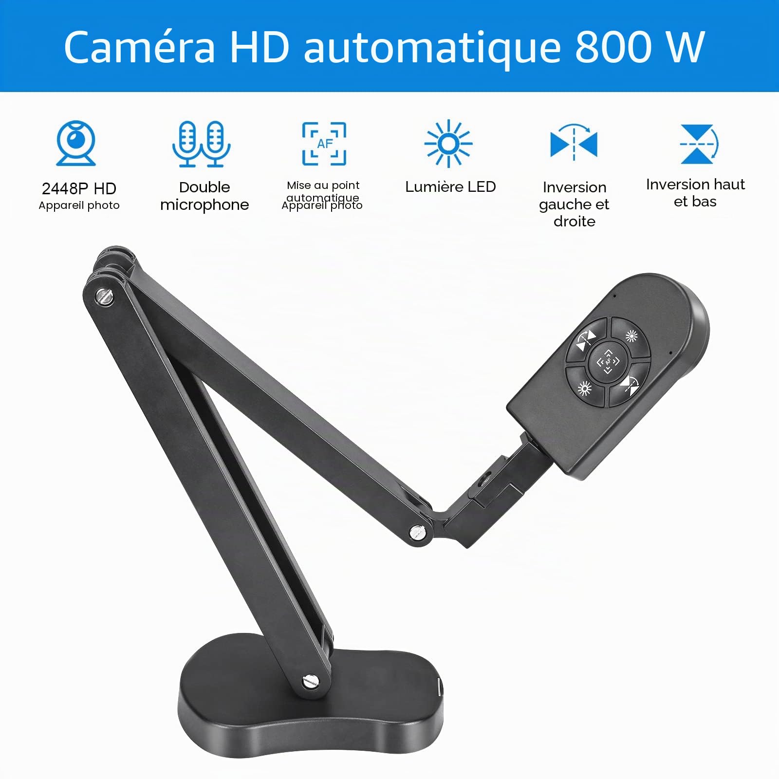 Visualiseur de Salle de Classe, caméra de Documents USB pour enseigner 4K avec lumière LED à 3 Niveaux, Fonction d'inversion d'image, Pliage, Double Microphones pour Mac OS, Windows,
