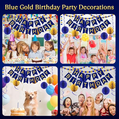 Image of Blue Birthday Decorations, Happy Birthday Banner with Honeycomb Balls, Circle Dot Garland and Hanging Swirl Decorations for Women Men Boys Girls (Blue Gold)
