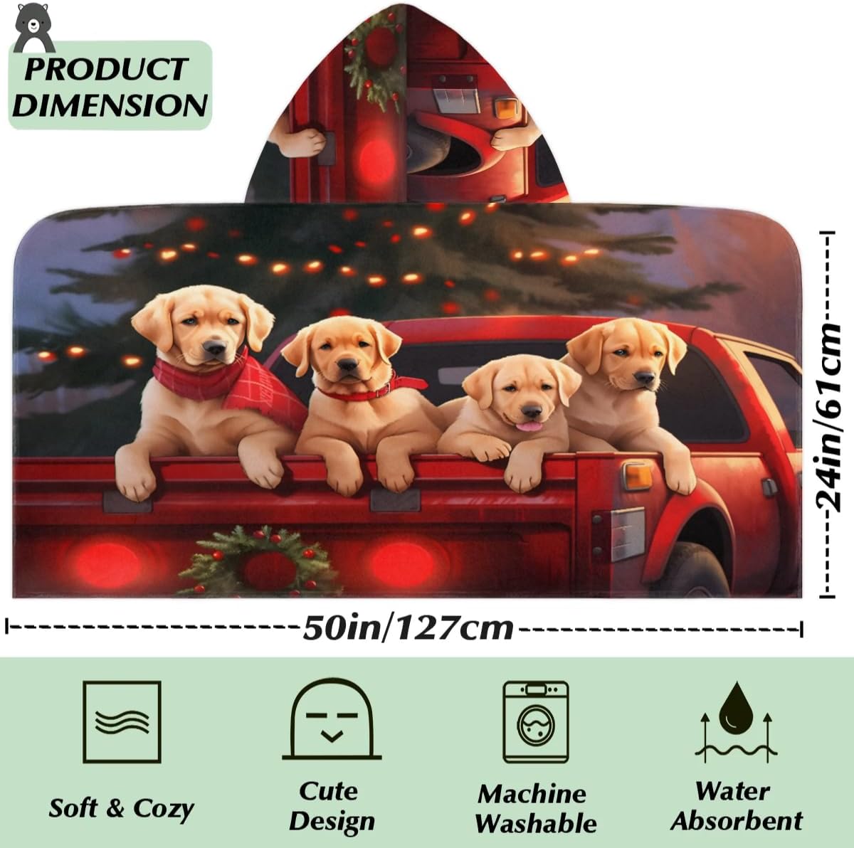 Kid Bath Towels Christmas Car Dogs Kids Towel with Hood for Girls Boys Beach Towel Pool Cover Up Soft Absorbent Toddler Hooded Bath Towel for Shower, Beach, Pool