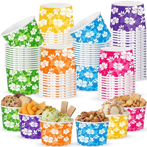 CHENGU 60 Pcs 9 oz Hawaiian Hibiscus Flower Paper Snack Cups, Disposable Floral Ice Cream Dessert Bowls Assorted for Summer Luau Parties, BBQ Supplies