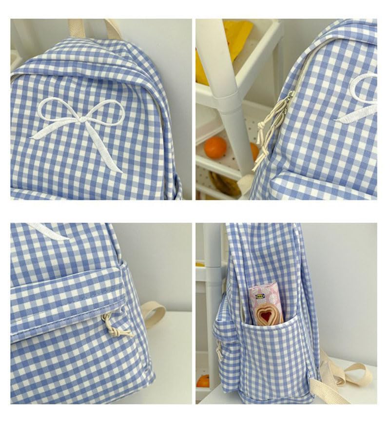 Womens Small Cute Trendy Plaid Preppy Backpack Y2k Aesthetic Kawaii Bow Checkered Daypack Coquette Laptop Bag (Blue)4