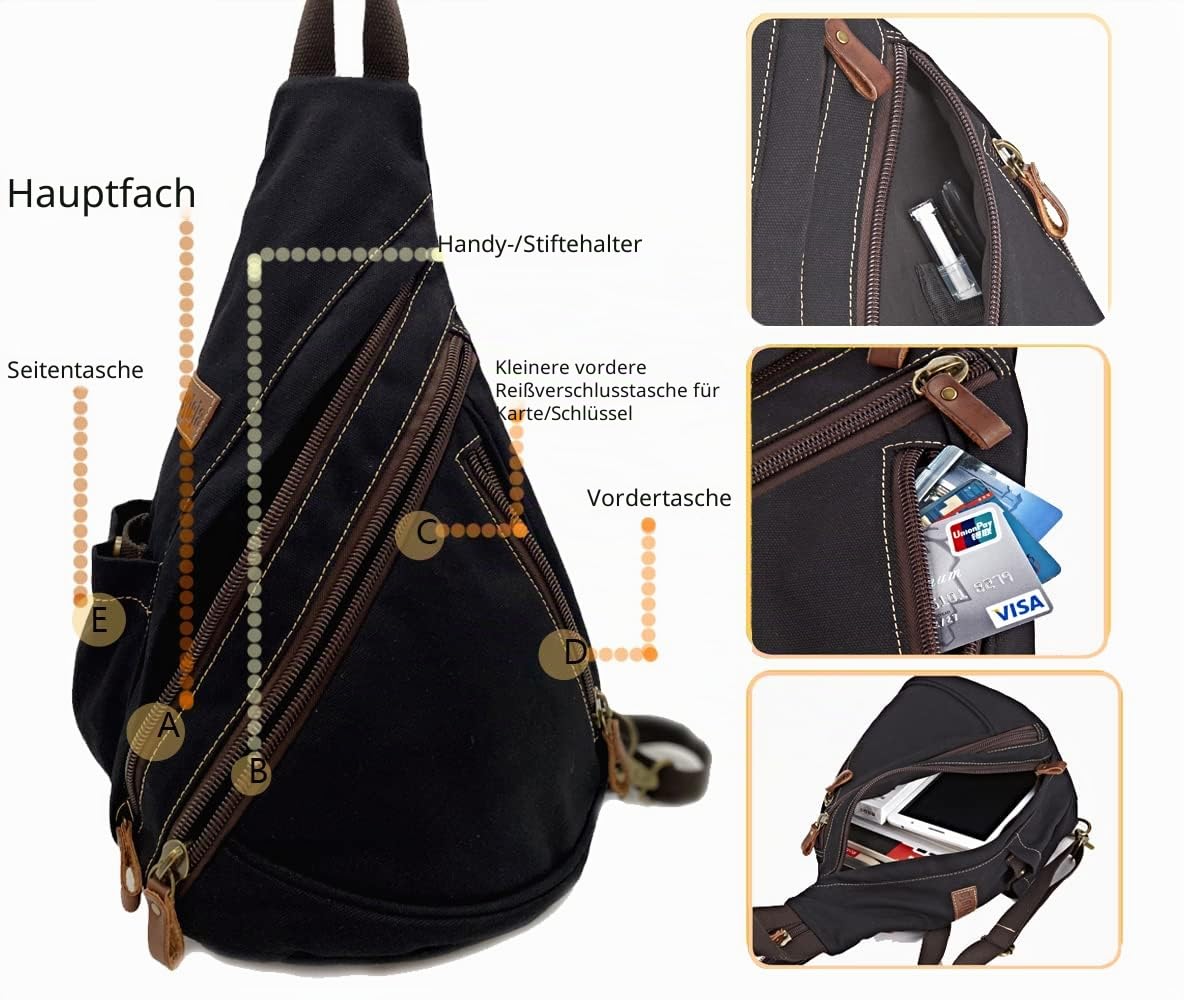 Canvas Sling Bag Crossbody Brusttasche Rucksack Schultertasche Umhängetasche für Radfahren Camping Wandern Reisen Schule für Herren Damen (Schwarz)