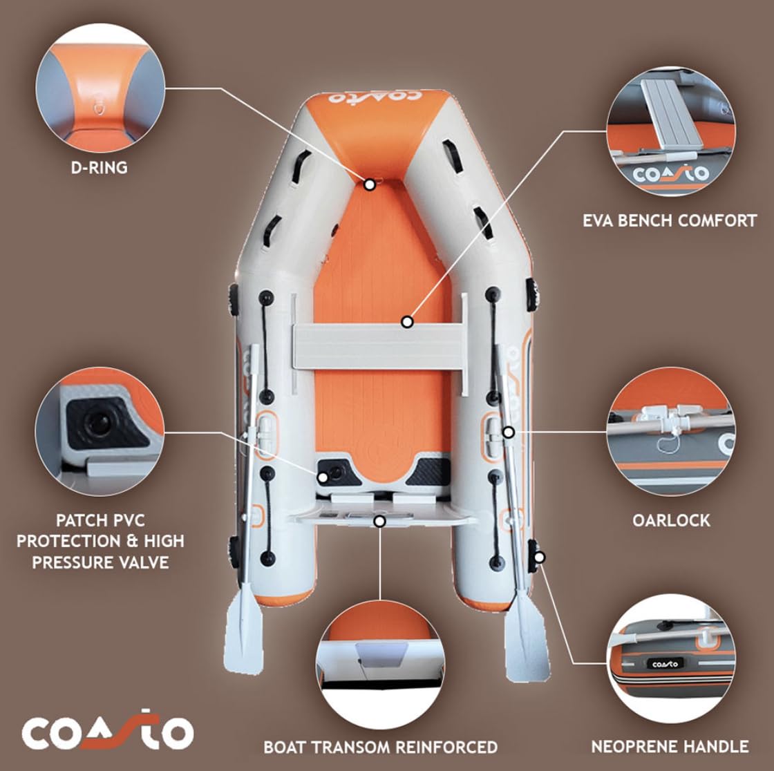 Coasto - Annexe Gonflable DS 270 - BT-CDS270S Bateau Pneumatique Plancher Dropstitch/Haute Pression - 4 Places, 270x140cm - Grande Stabilité - Pack 2 Pagaies, Pompe et Sac de Transport - Light Grey