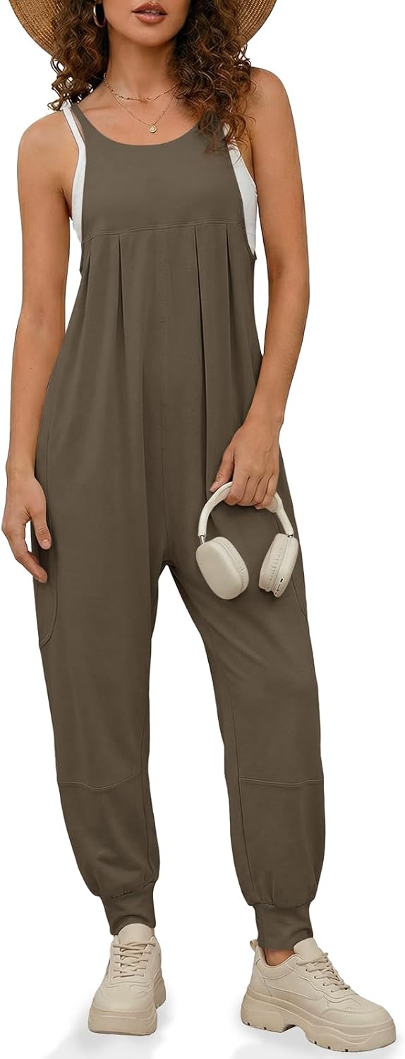 Fisoew Jumpsuits for Women Summer Casual Overalls Spaghetti Strap Sleeveless Pleated Rompers Jumpers with Pockets