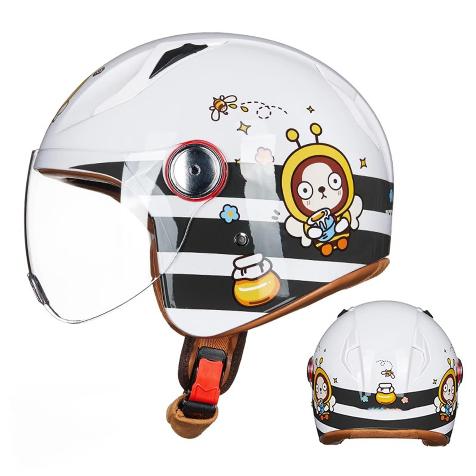 Casco De Motocicleta para Niños, Casco Abierto 3/4 De Moda De Dibujos Animados con Visera, Medio Casco Eléctrico para Niños Y Niñas D,52-56CM