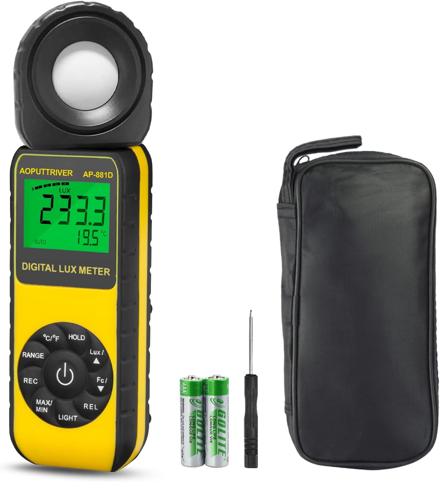 AP-881D Digital Illuminance Light Meter, Measure Range Up to 400,000Lux(0.01~40,000 FC), Handheld Light Meter with 270º Rotated Sensor and Backlight for Foot Candles, Plants, LED Lights