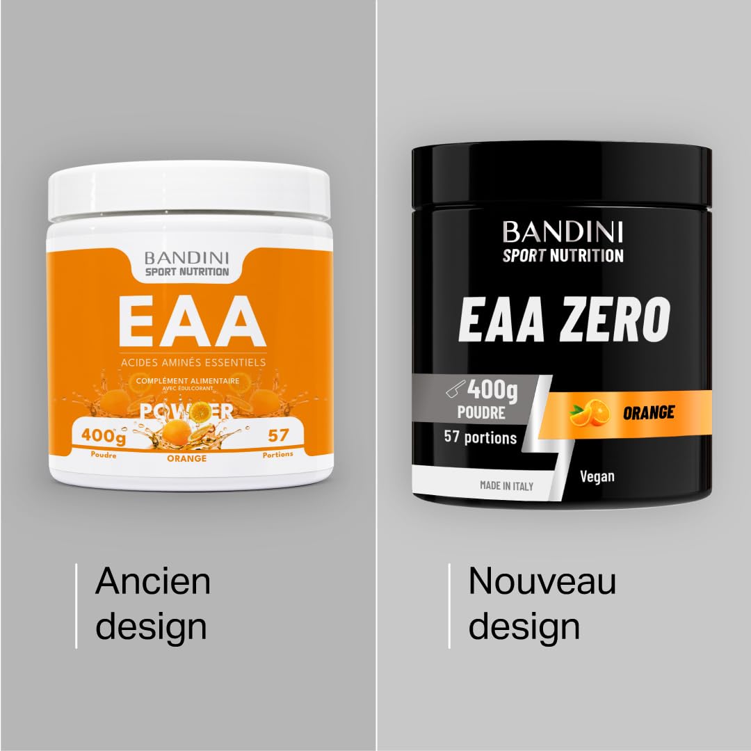 Bandini® EAA ZERO Poudre | Acides Aminés Essentiels AAE 400g Powder | Supplément Végétalien Sans Sucre | Apport Optimal de 9 Amino Acids | Puissant Pre Workout | Boisson Vegan au goût d'Orange